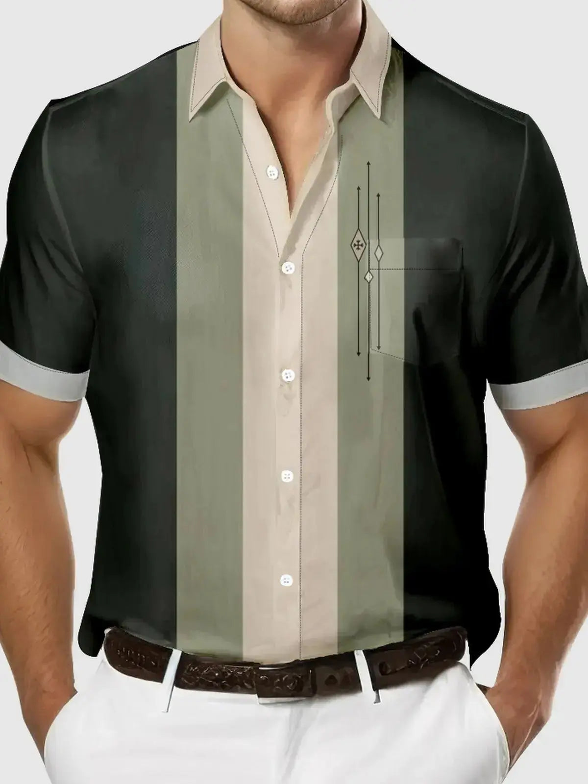 Tall Men's Color-block Striped Casual Breathable Bowling Short Sleeve Shirt ElevenOasis