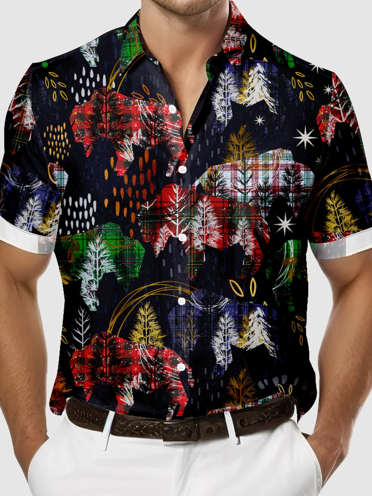 Men's Christmas-inspired Buffalo Checkered Print Short Sleeve Shirt, mens short sleeve shirts?¡§o?big and tall mens shirts?¡§o?short sleeve shirts for men?¡§o?mens 4xl shirts?¡§o?casual short sleeve shirts