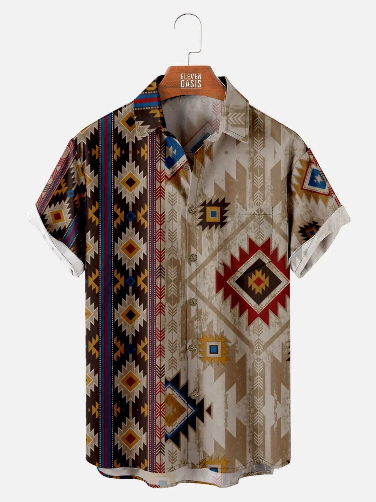 Aztec Print Half Half Design Short Sleeve Shirt