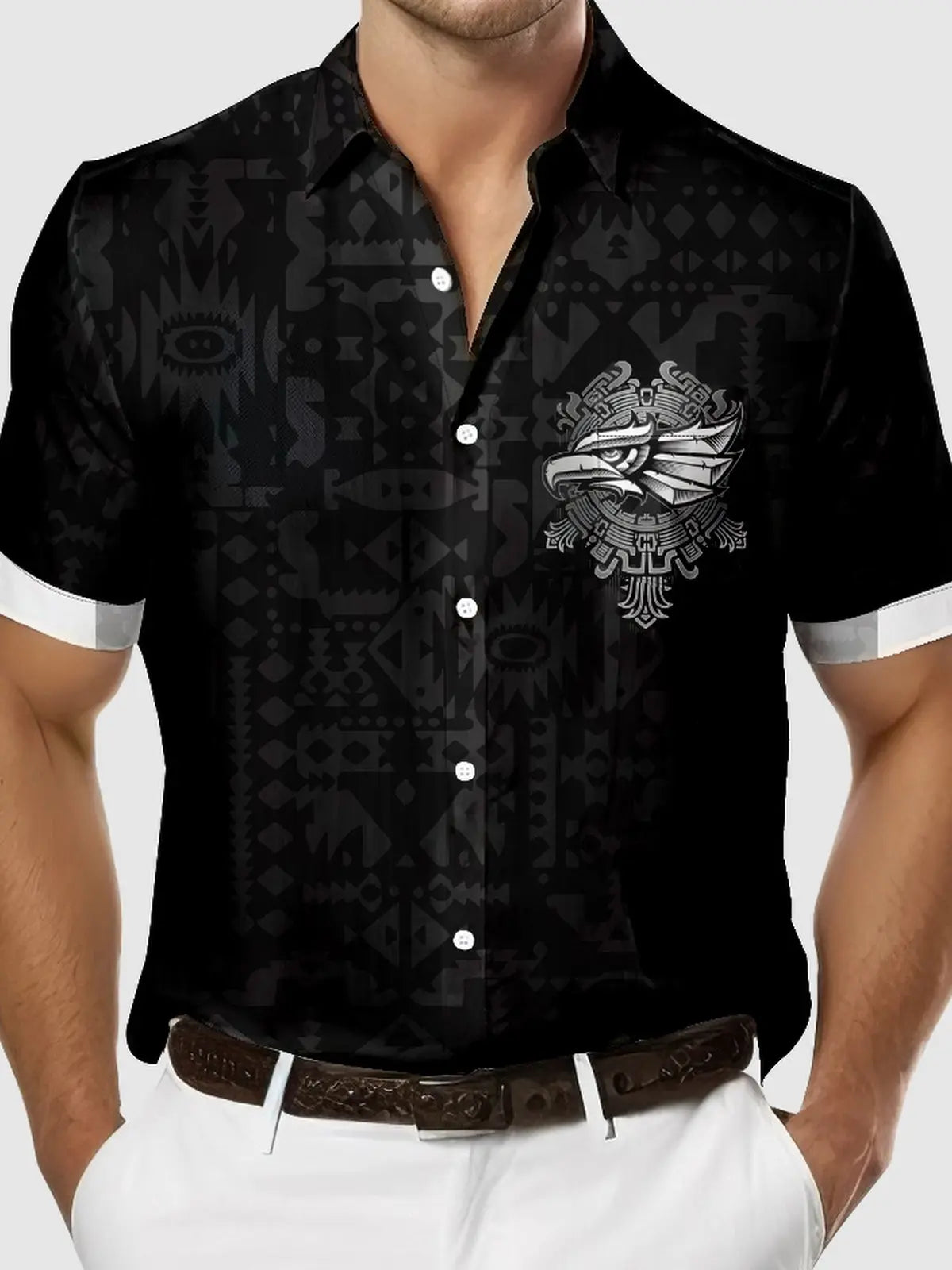 Men's Western Aztec Print Eagle Chest Badge Short Sleeve Shirt - Eleven Oasis Men's Western Aztec Print Eagle Chest Badge Short Sleeve Shirt - Eleven Oasis