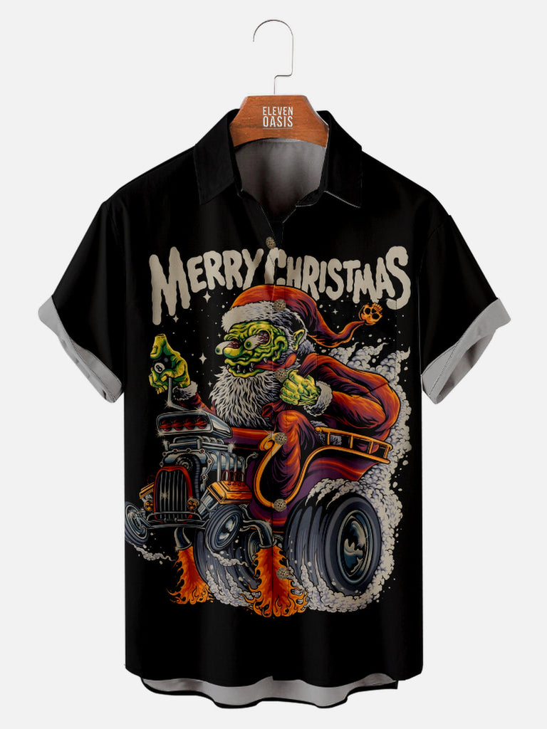 Tall Men's Hot Rod Santa Fink Merry Christnas Short Sleeve Shirt Eleven Oasis