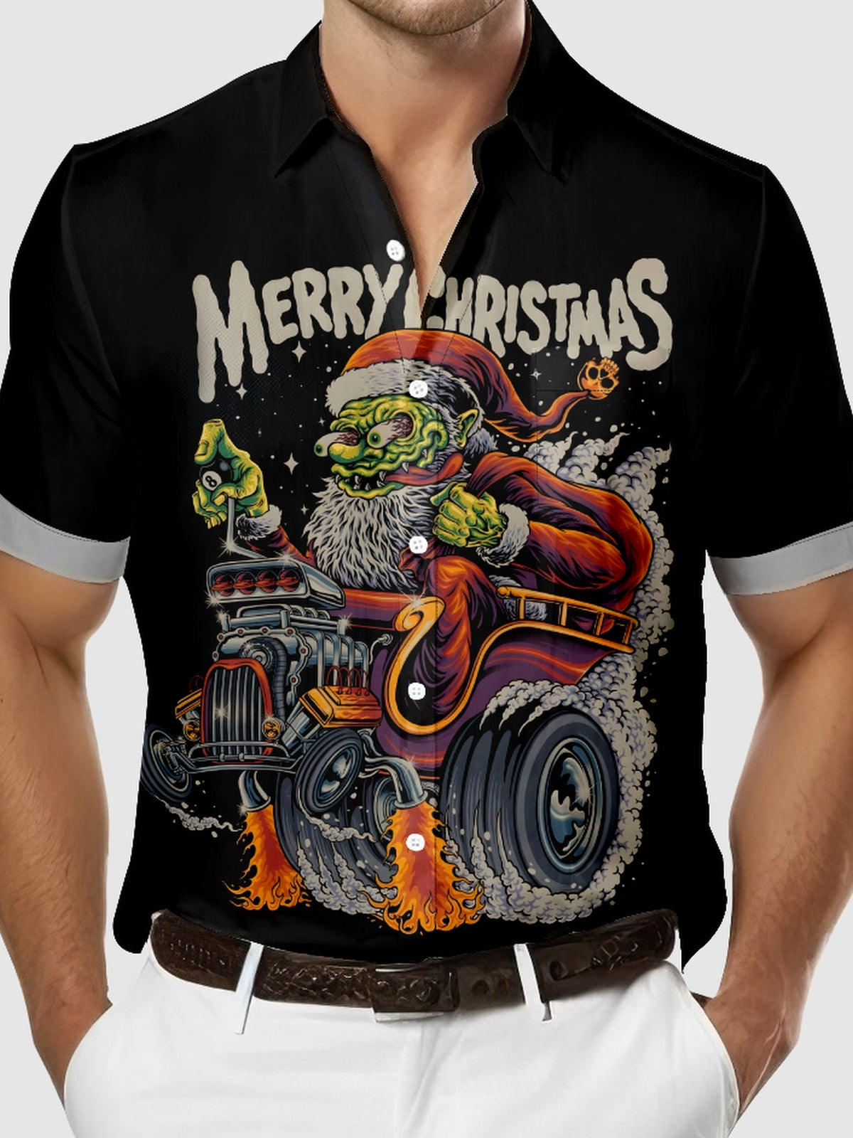 Tall Men's Hot Rod Santa Fink Merry Christnas Short Sleeve Shirt Eleven Oasis
