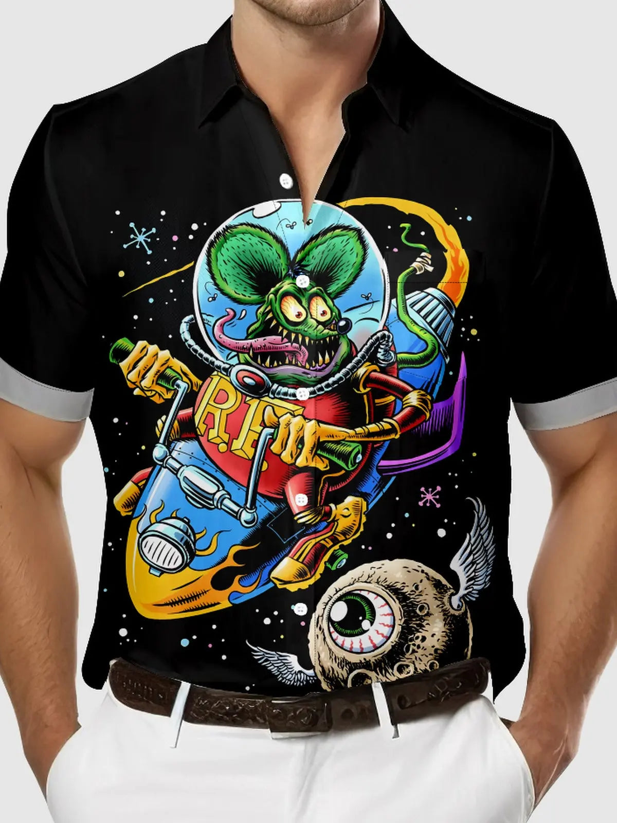 Tall Men's Rat Fink Hot Rod In Space Short Sleeve Shirt Eleven Oasis