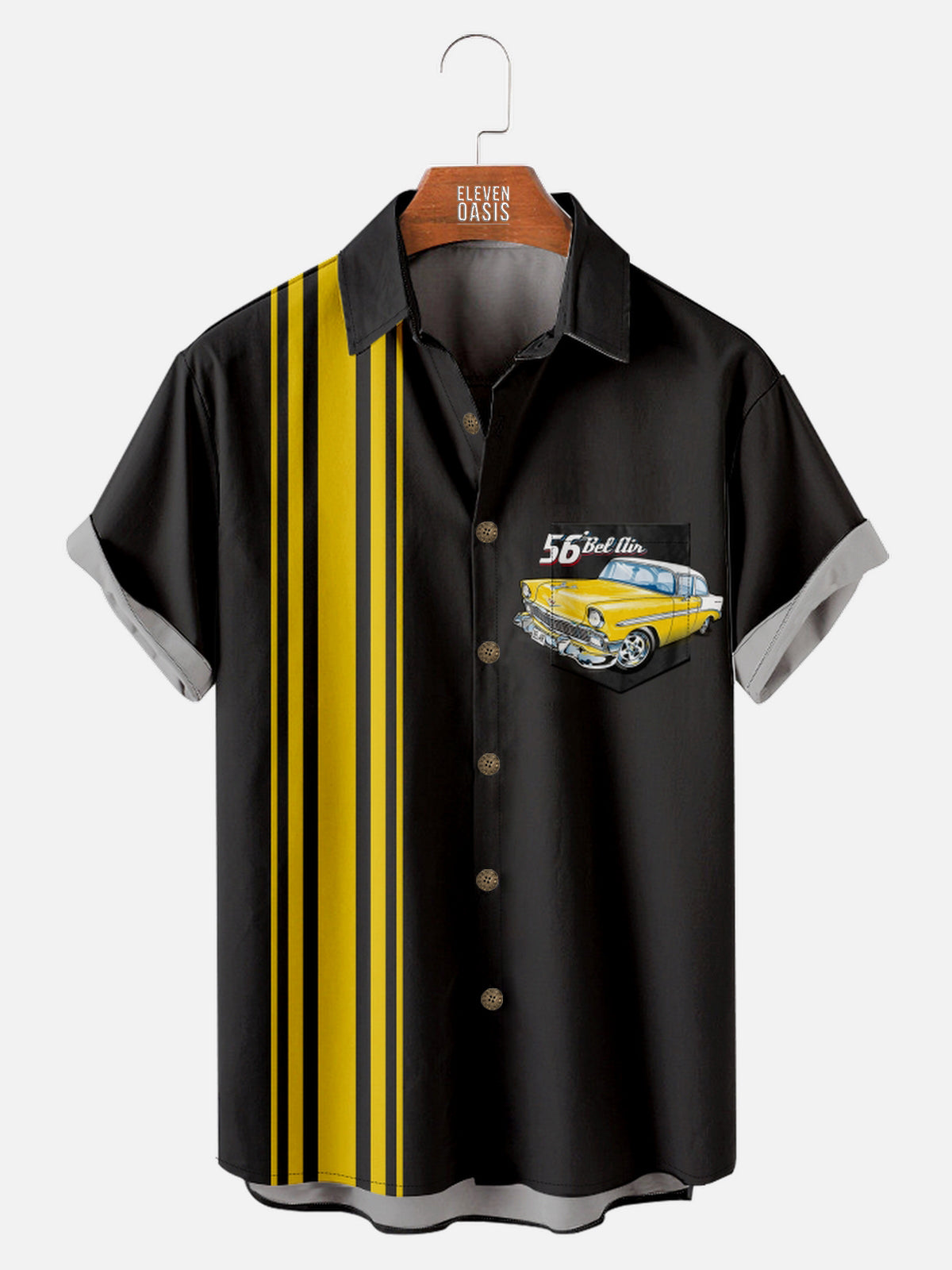 Men's Yellow Chevrolet 1956 Bel Air with Stripes White Short Sleeve Shirt Eleven Oasis