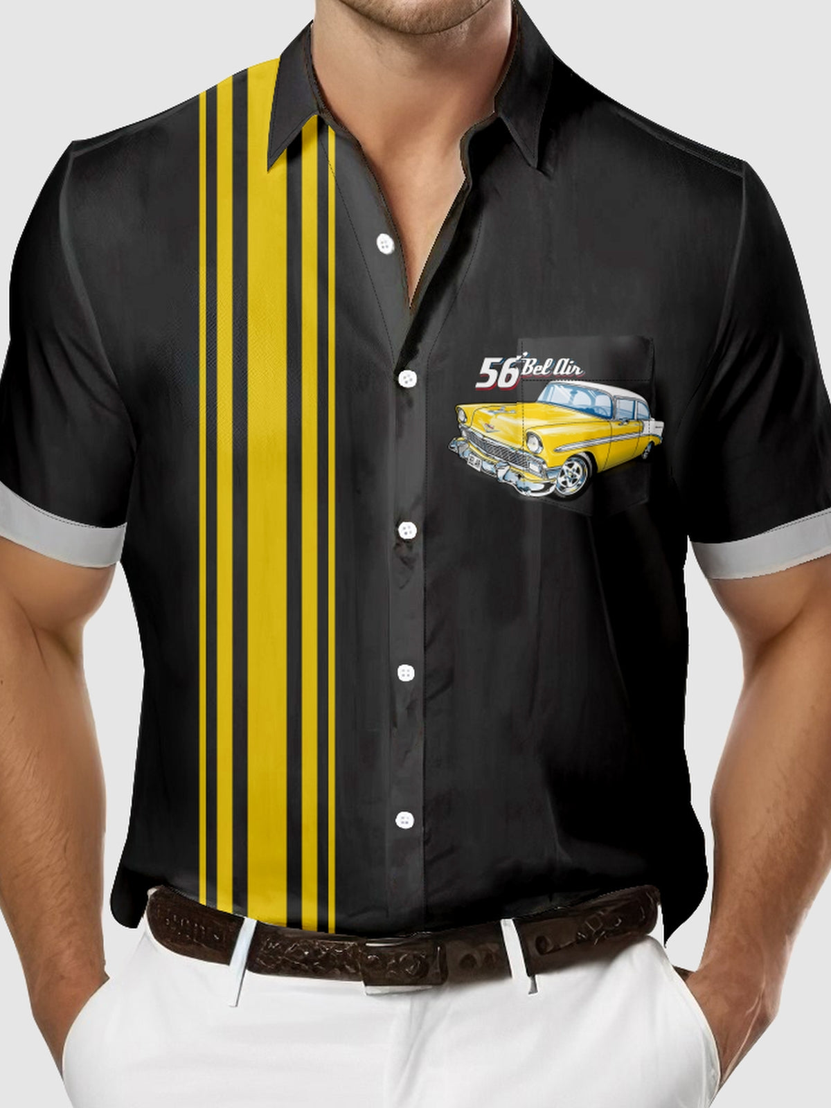 Men's Yellow Chevrolet 1956 Bel Air with Stripes White Short Sleeve Shirt Eleven Oasis