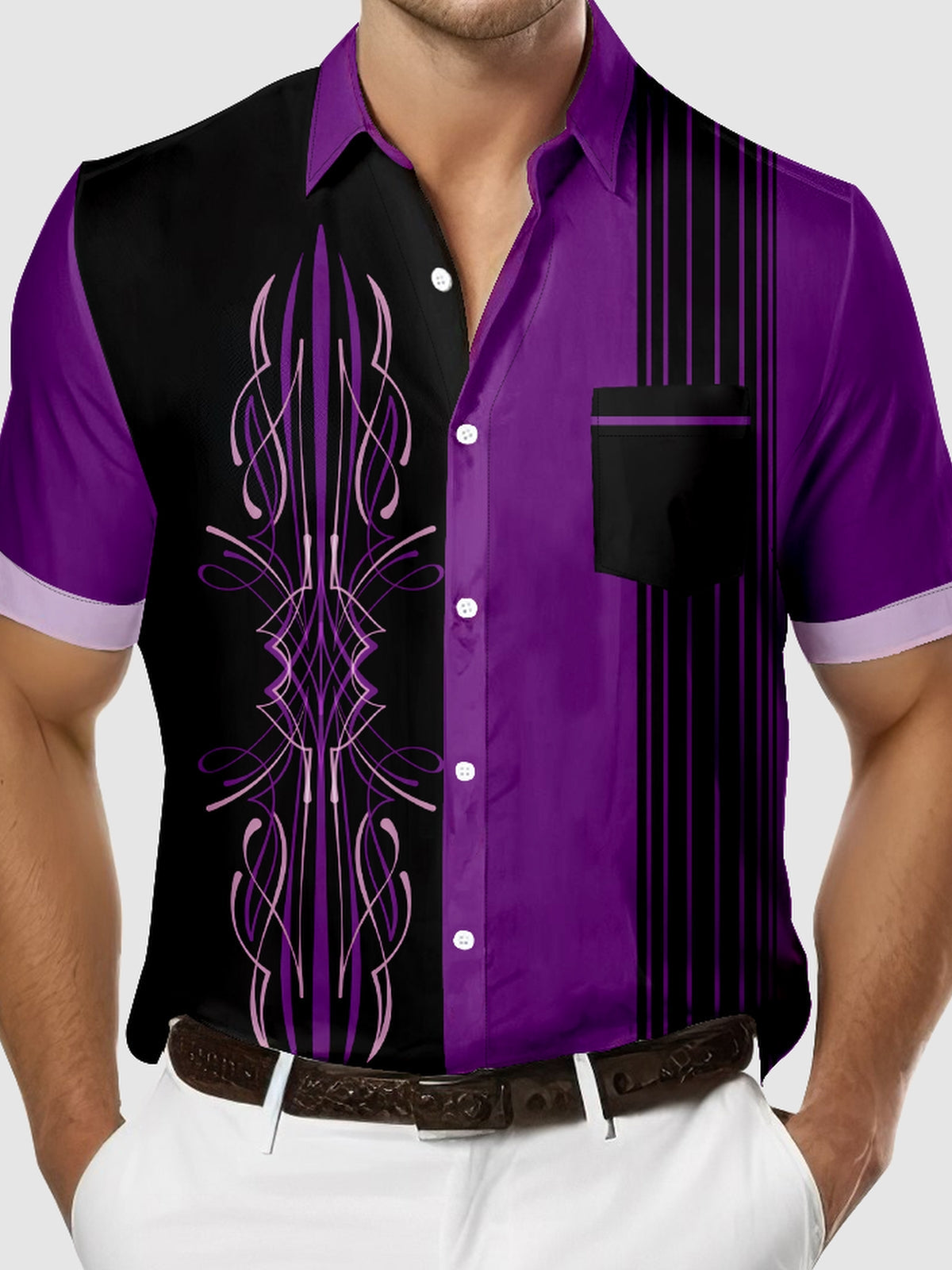 Men's Automotive Pinstripe Design with Stripes Short Sleeve Shirt Eleven Oasis