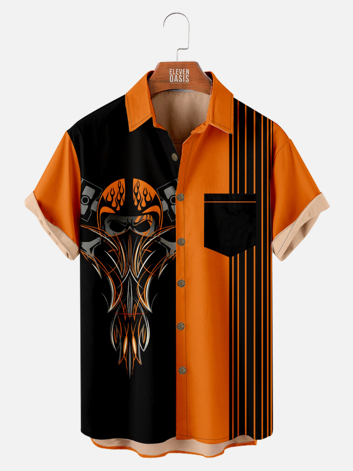 Men's Automotive Skull Pinstripe Design with Stripes Short Sleeve Shirt Eleven Oasis