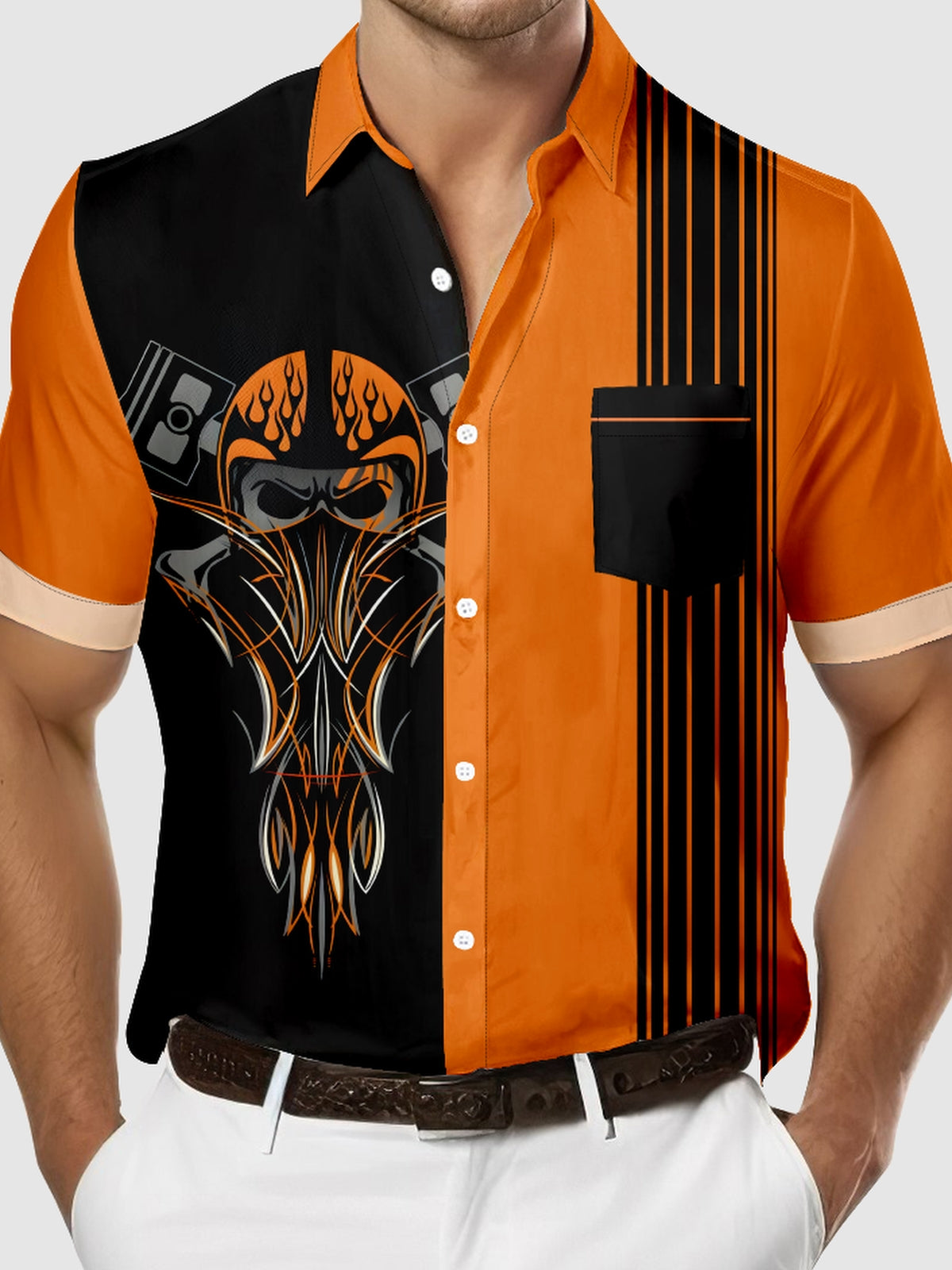 Men's Automotive Skull Pinstripe Design with Stripes Short Sleeve Shirt Eleven Oasis