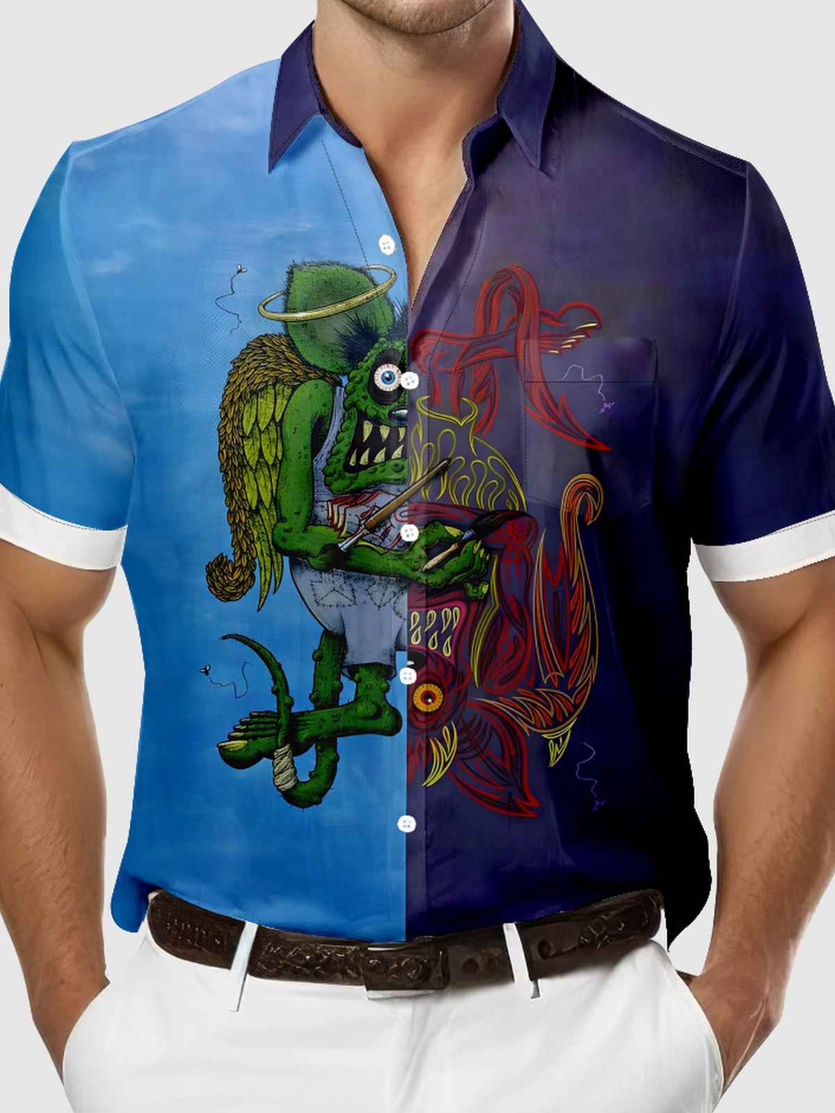 Tall Men's Rat Fink Transitions into Pinstripes Short Sleeve Shirt Eleven Oasis