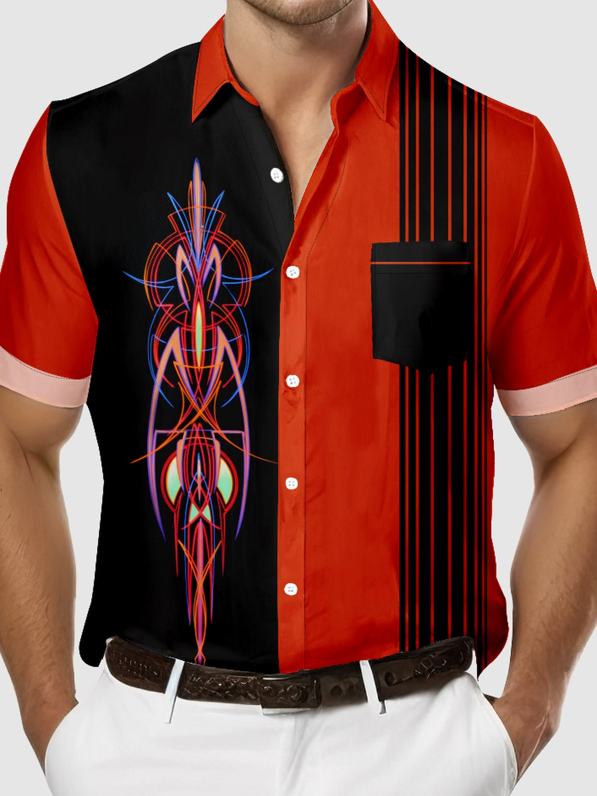 Men's Automotive Pinstripe Design with Stripes Short Sleeve Shirt Eleven Oasis