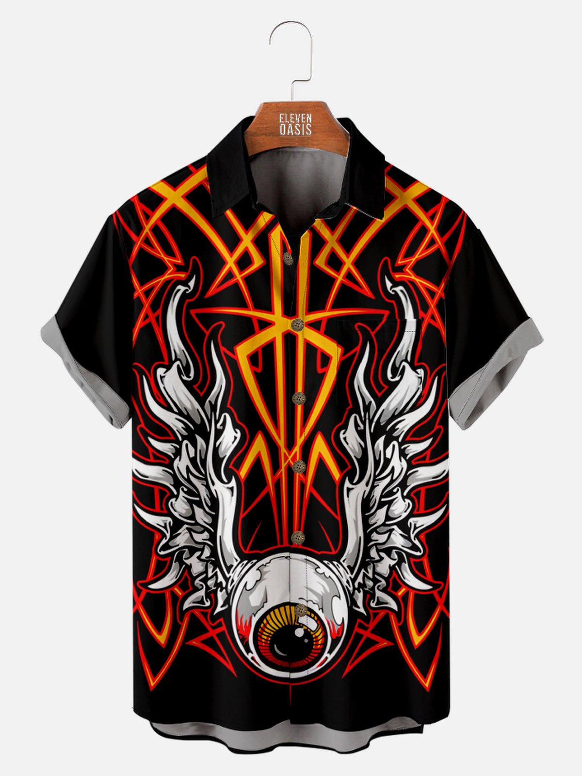 Men's Automotive Pinstripe Design with Flying Eyeball Short Sleeve Shirt Eleven Oasis