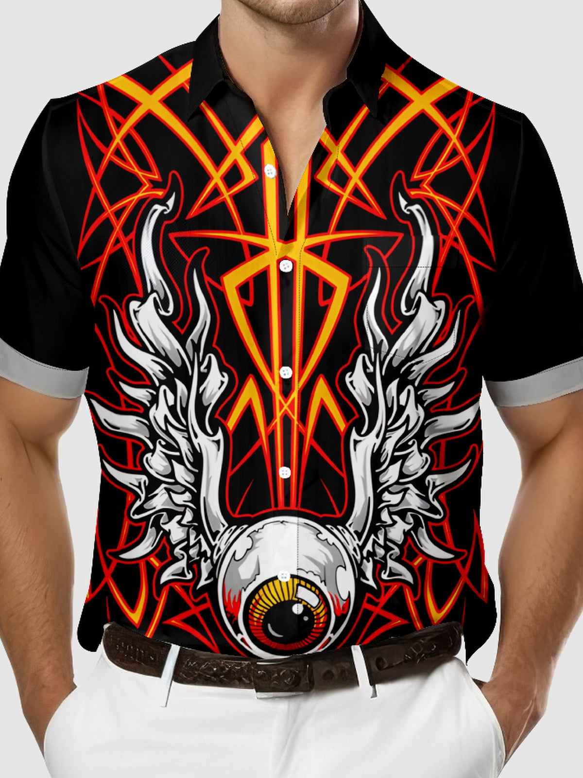 Men's Automotive Pinstripe Design with Flying Eyeball Short Sleeve Shirt Eleven Oasis
