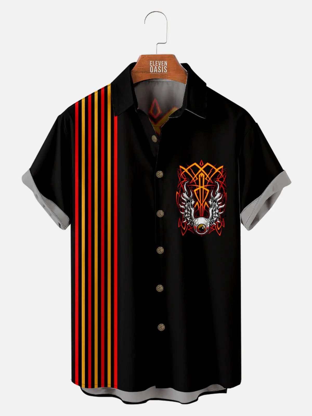 Men's Flaming Eye Wings Pinstripe Short Sleeve Shirt Eleven Oasis