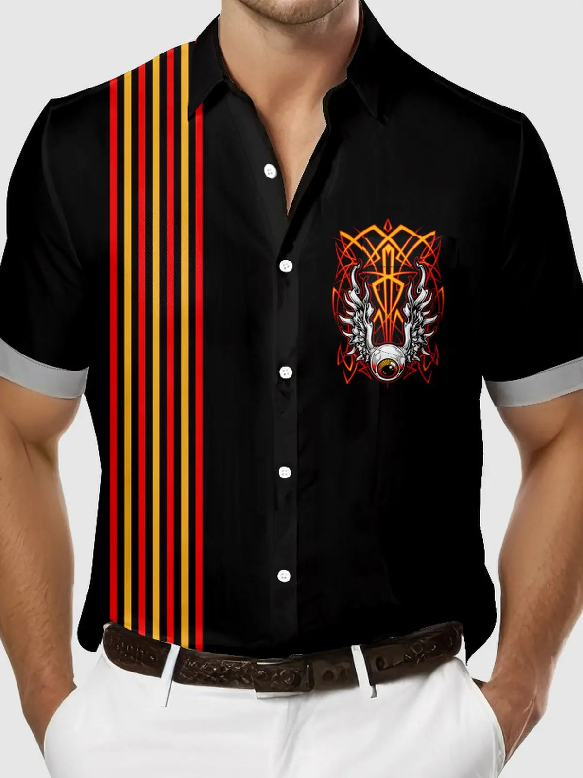 Men's Flaming Eye Wings Pinstripe Short Sleeve Shirt Eleven Oasis