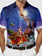 Men's Santa On His Sleigh with Reindeers Delivering Christmas Presents Short Sleeve Shirt Eleven Oasis