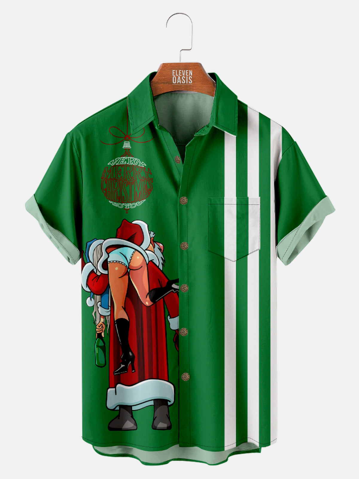 Men's Santa Carrying Mrs. Claus Away Striped Short Sleeve Shirt Eleven Oasis