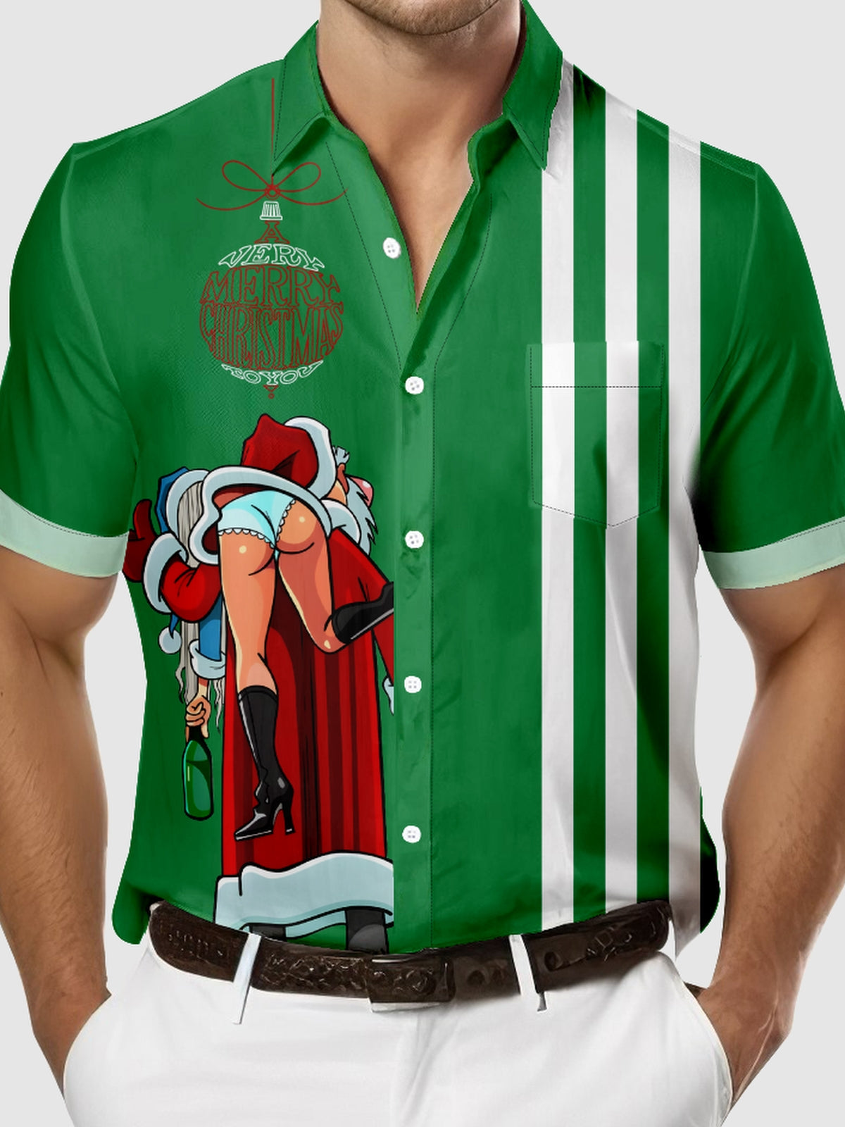 Men's Santa Carrying Mrs. Claus Away Striped Short Sleeve Shirt Eleven Oasis