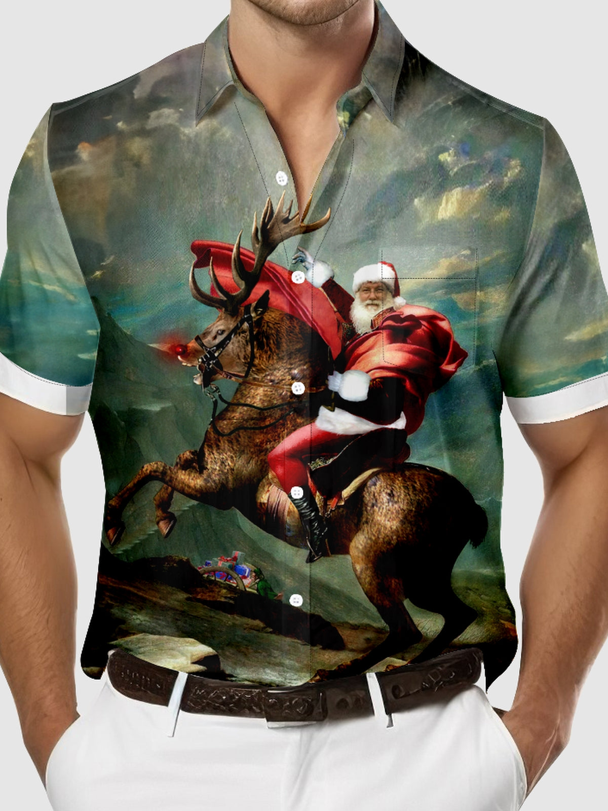 Men's Santa Delivers Presents on a Big Reindeer Short Sleeve Shirt Eleven Oasis