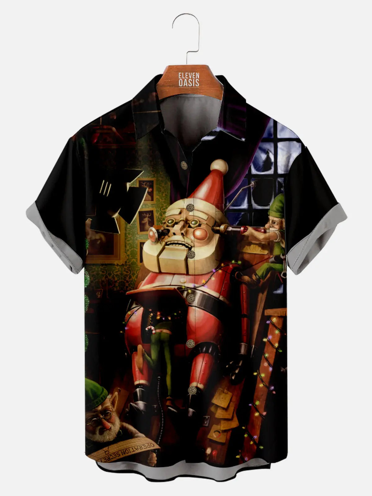 Men's Elves Building Mechanical Santa Short Sleeve Shirt Eleven Oasis