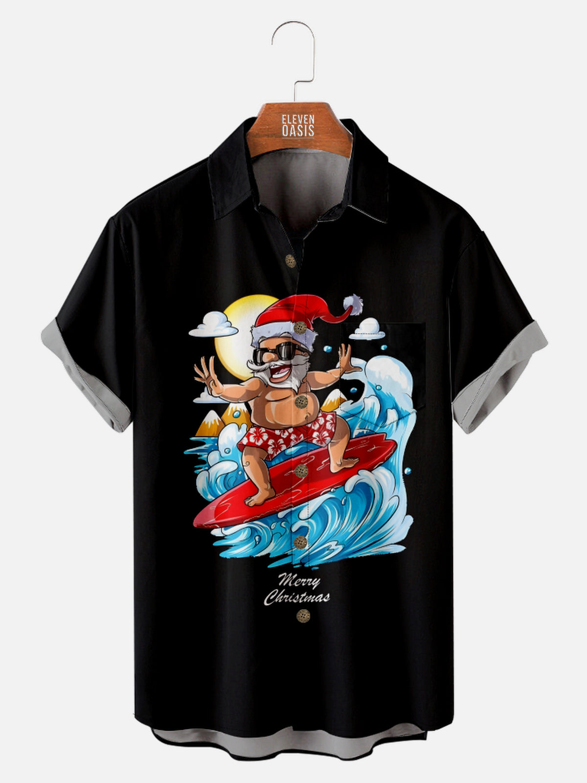 Men's Surfing Santa Wishes You a Merry Christmas Short Sleeve Shirt Eleven Oasis