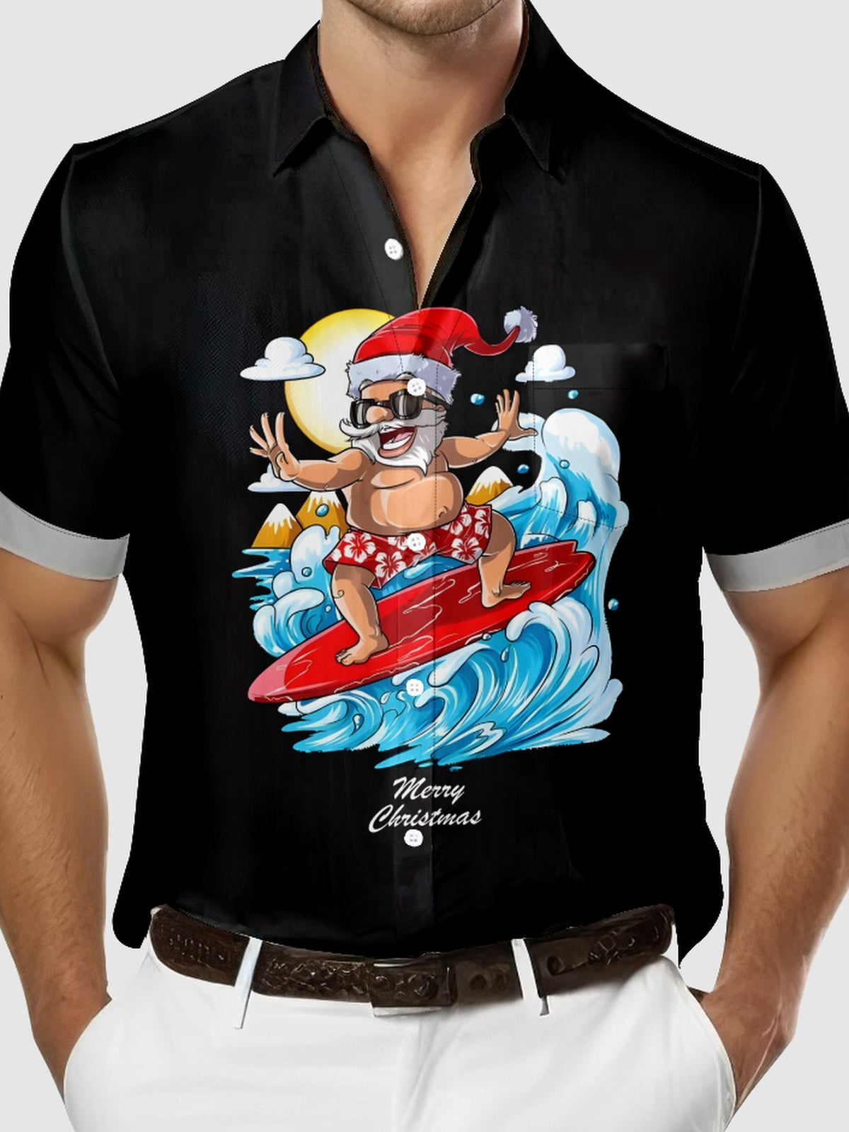 Men's Surfing Santa Wishes You a Merry Christmas Short Sleeve Shirt Eleven Oasis