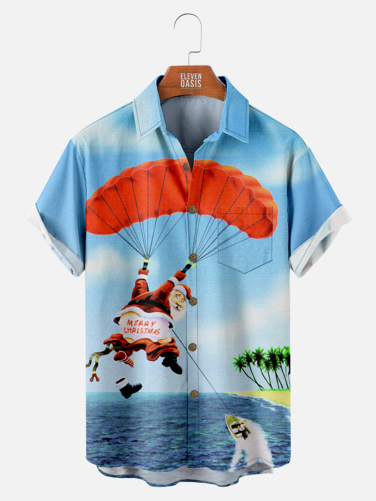 Men's Santa Parasailing with Merry Christmas on his Underwear Short Sleeve Shirt Eleven Oasis