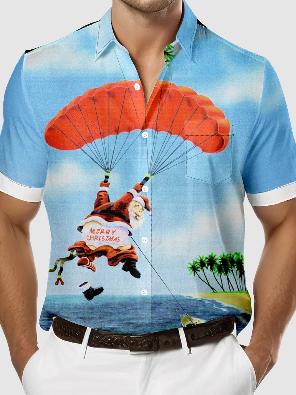 Men's Santa Parasailing with Merry Christmas on his Underwear Short Sleeve Shirt Eleven Oasis