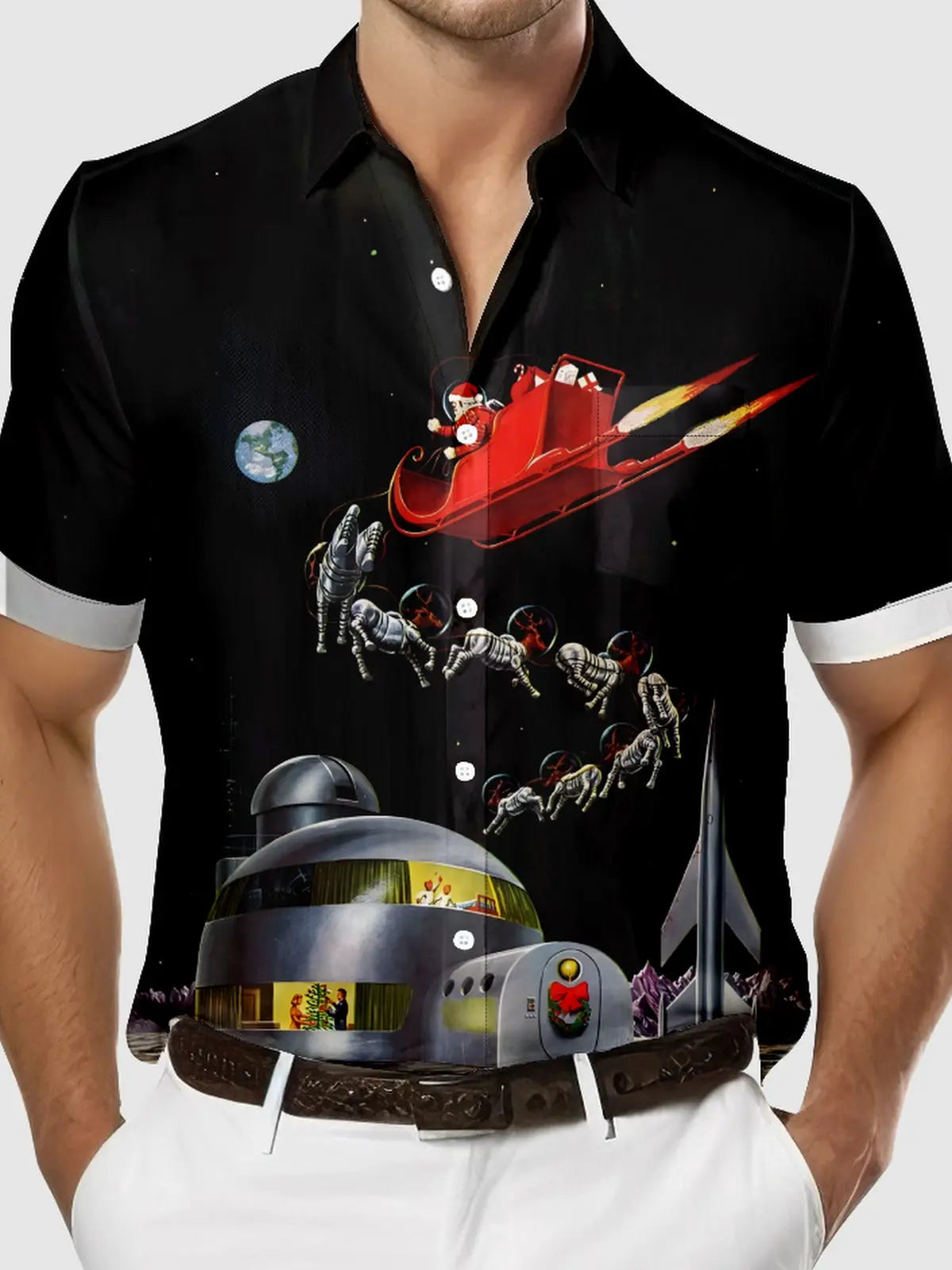 Men's Retrofuture Style Christmas in Space Happy Family Santa Short Sleeve Shirt Eleven Oasis