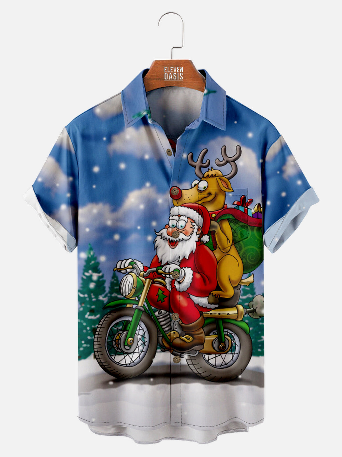 Men's Santa and Rodolphe Now Delivers Presents Via Motorcycle Short Sleeve Shirt Eleven Oasis