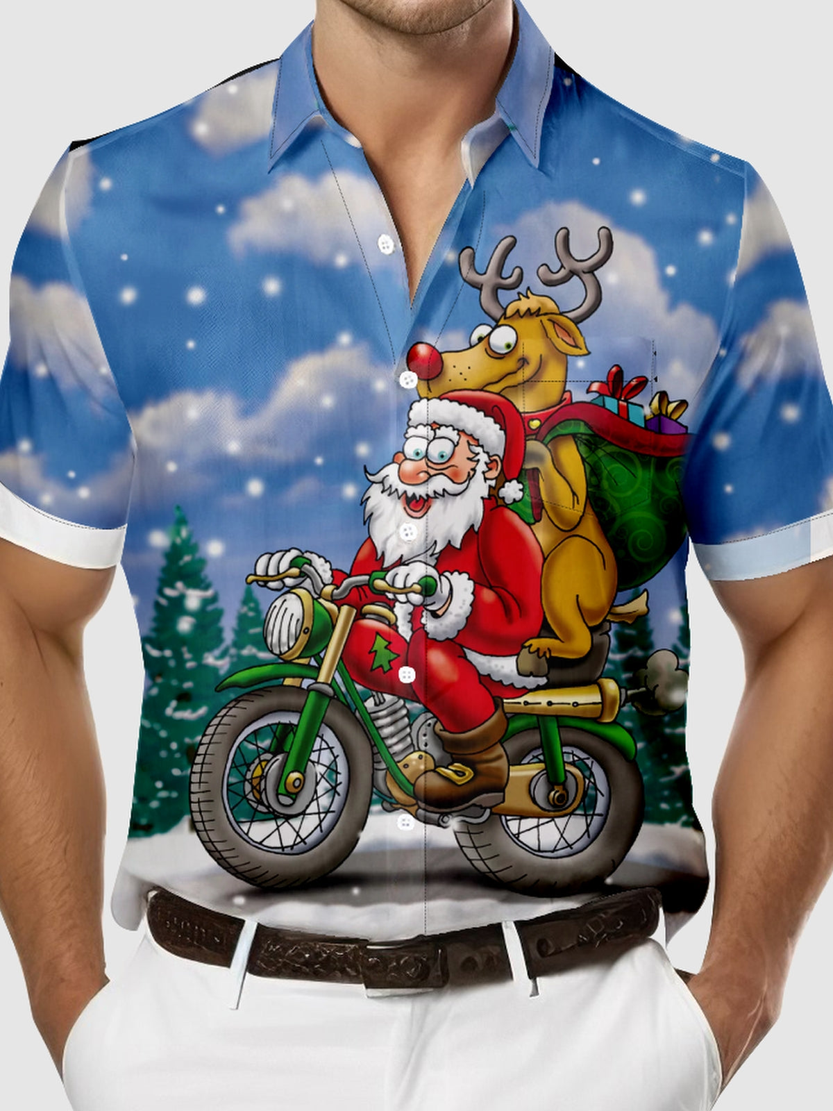 Men's Santa and Rodolphe Now Delivers Presents Via Motorcycle Short Sleeve Shirt Eleven Oasis