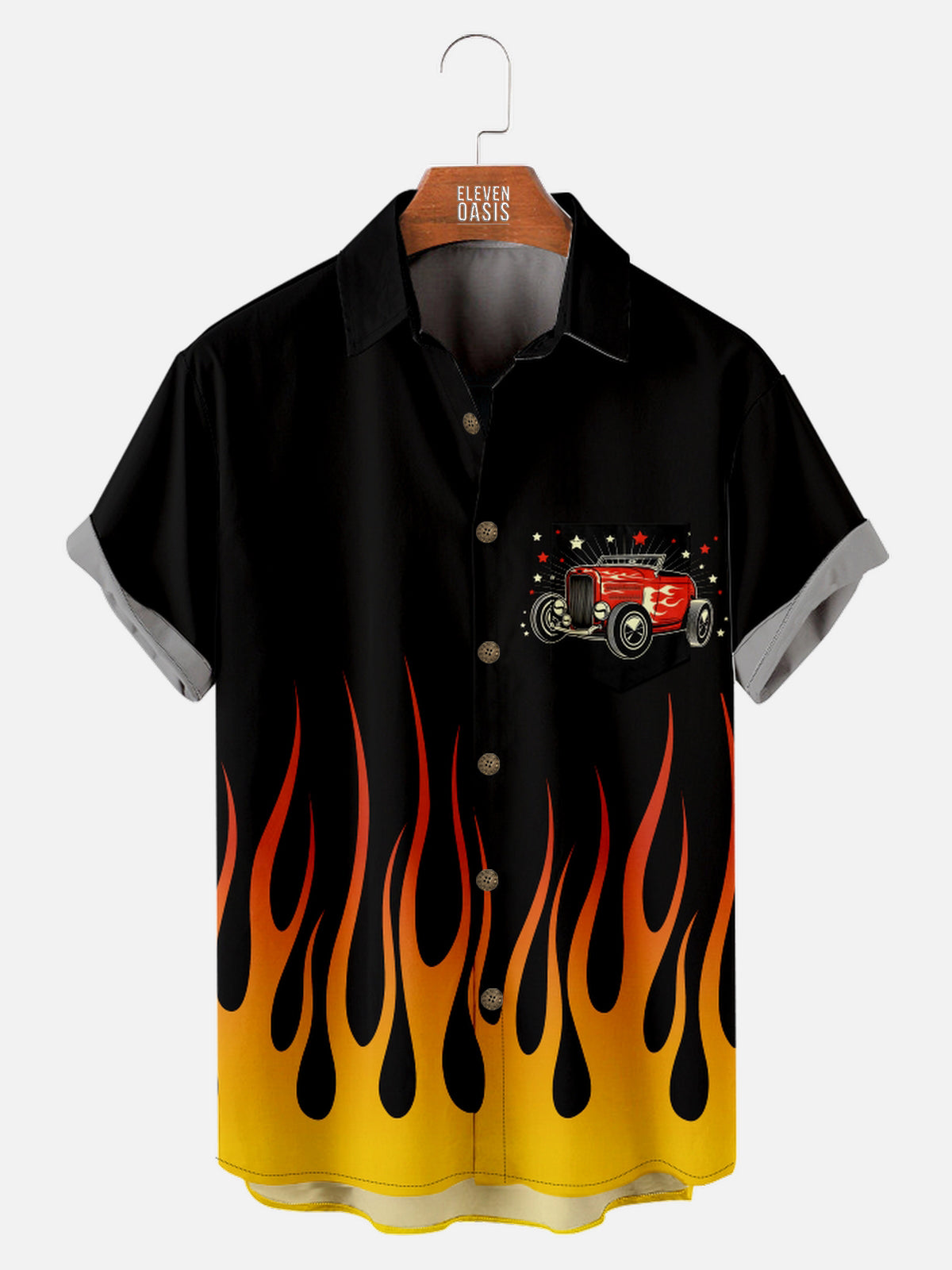 Men's Classic Flame Design with Hot Rod Car Short Sleeve Shirt Eleven Oasis