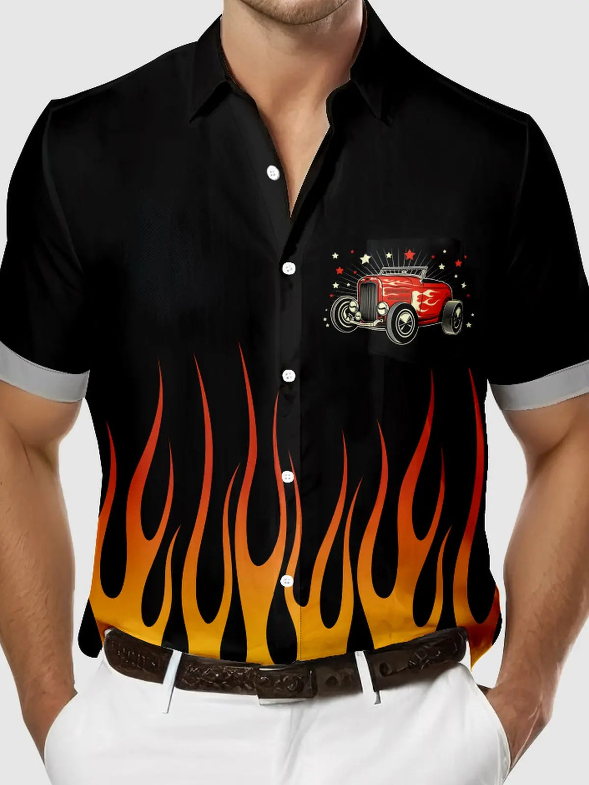 Men's Classic Flame Design with Hot Rod Car Short Sleeve Shirt ElevenOasis