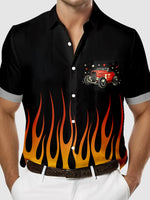 Men's Classic Flame Design with Hot Rod Car Short Sleeve Shirt Eleven Oasis
