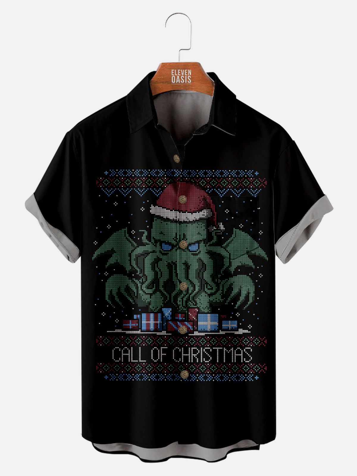 Men's Pixel Art Call of the Christmas Cthulhu Short Sleeve Shirt Eleven Oasis