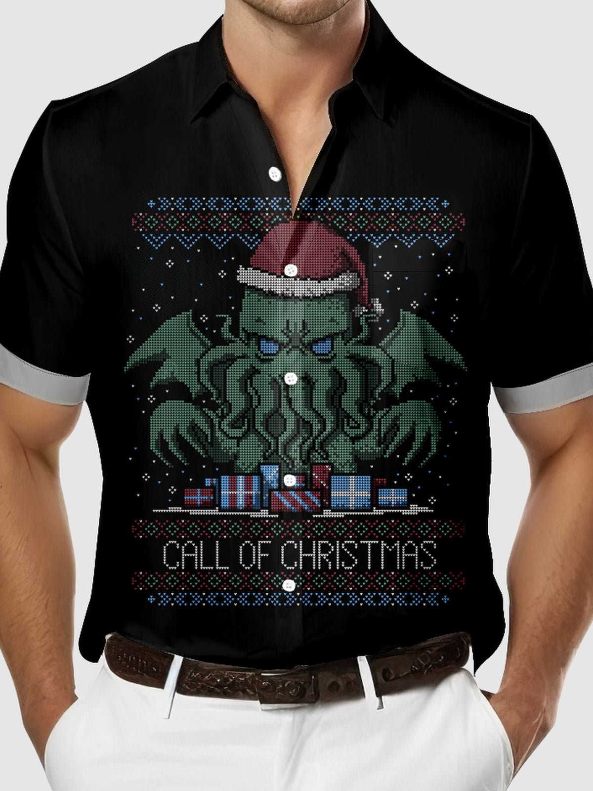 Men's Pixel Art Call of the Christmas Cthulhu Short Sleeve Shirt Eleven Oasis