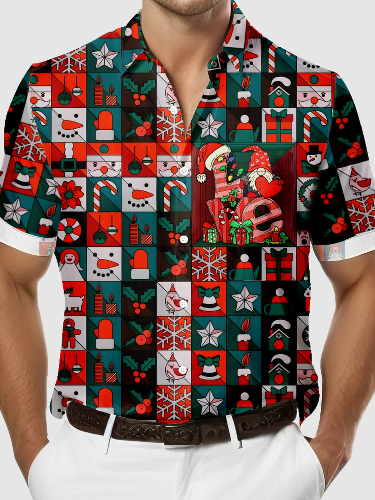 Men's LOVE Christmas on Chest With Patch Pattern Short Sleeve Shirt Eleven Oasis