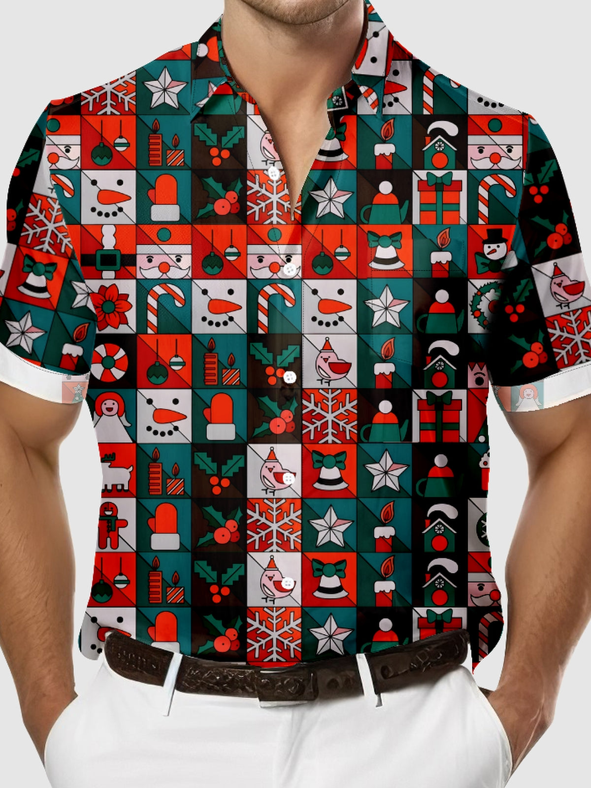 Men's Christmas Patch Pattern Short Sleeve Shirt Eleven Oasis