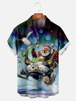 Tall Men's Santa on a Futuristic Snowmobile with Flying Penguins Short Sleeve Shirt Eleven Oasis