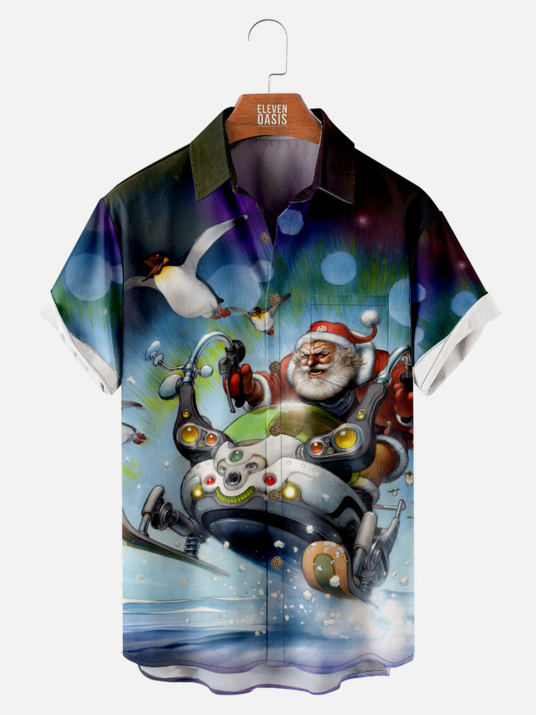 Tall Men's Santa on a Futuristic Snowmobile with Flying Penguins Short Sleeve Shirt Eleven Oasis