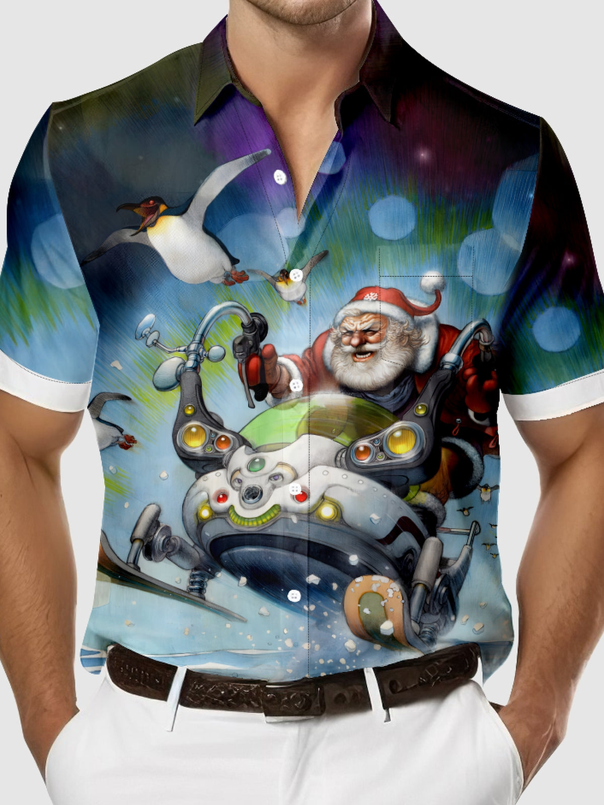 Tall Men's Santa on a Futuristic Snowmobile with Flying Penguins Short Sleeve Shirt Eleven Oasis