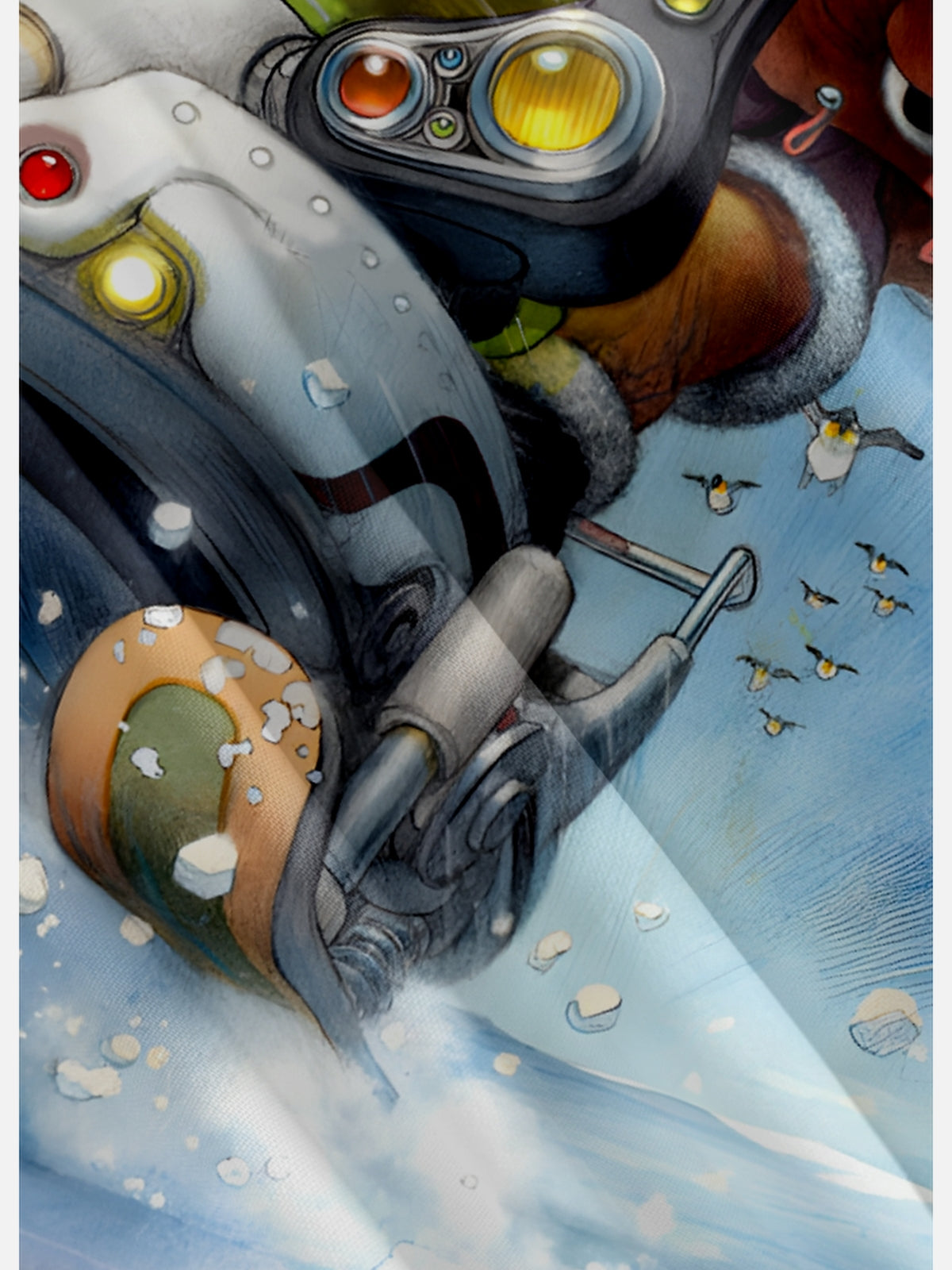 Tall Men's Santa on a Futuristic Snowmobile with Flying Penguins Short Sleeve Shirt Eleven Oasis