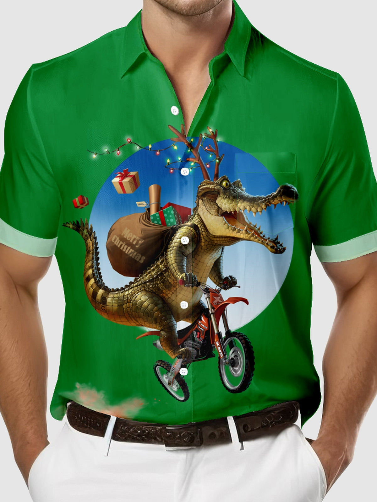Men's ET Crocodile Dresses Up as a Reindeer to Deliver Presents Short Sleeve Shirt