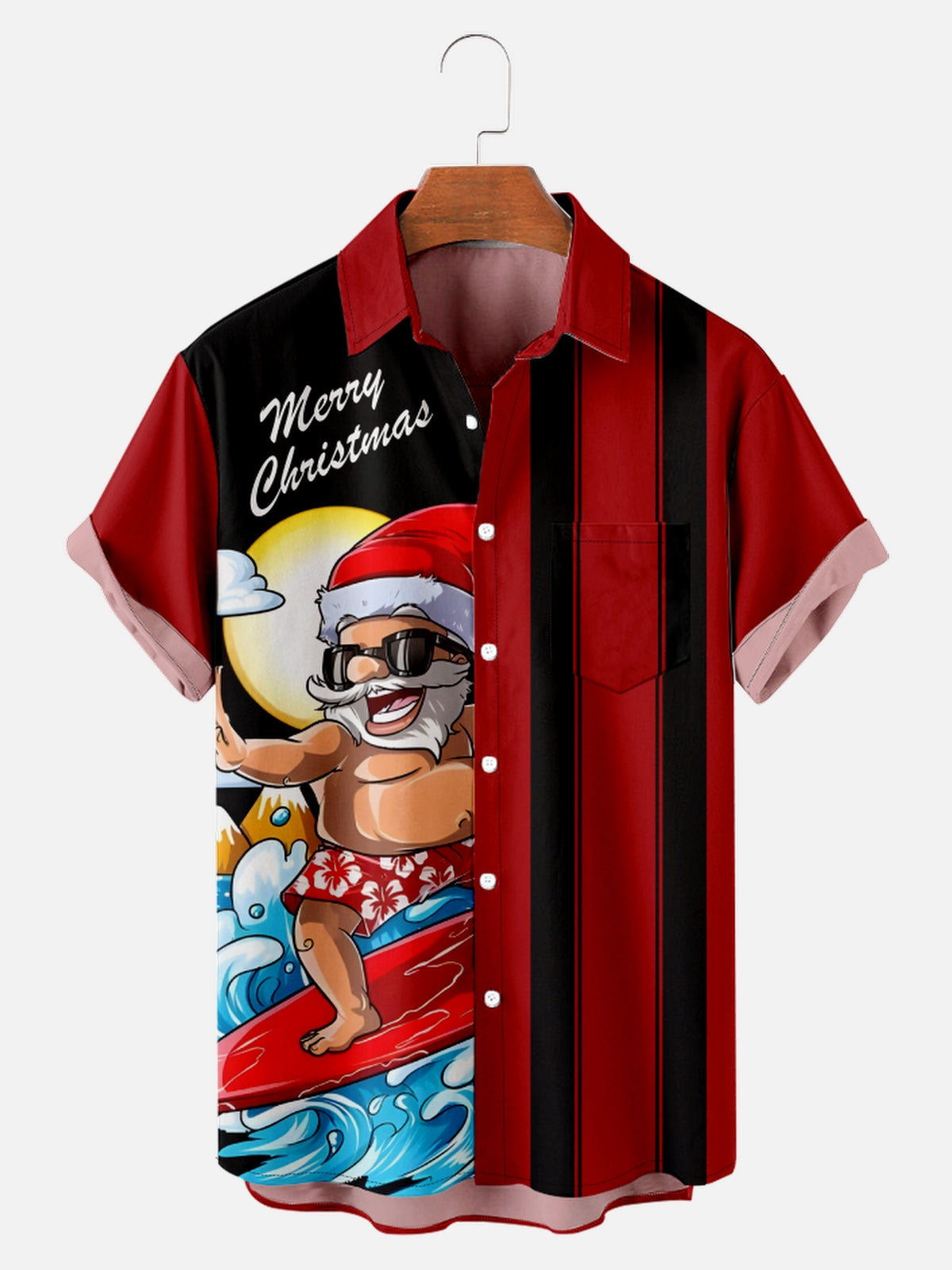 Men's Surfing Santa with Stripes Short Sleeve Shirt Eleven Oasis
