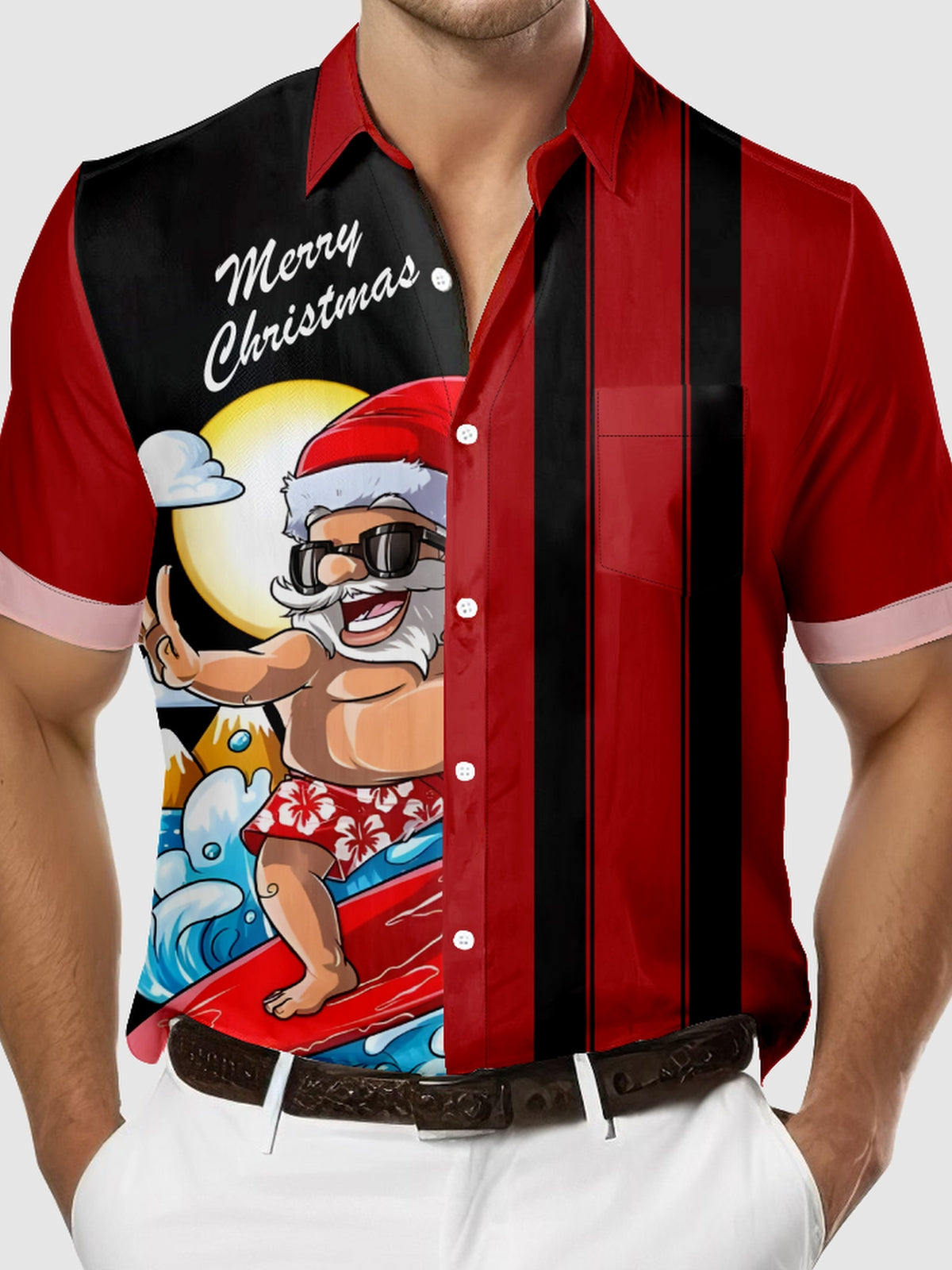 Men's Surfing Santa with Stripes Short Sleeve Shirt Eleven Oasis