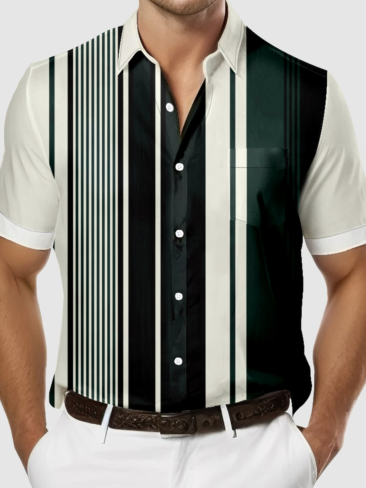 Men's Everyday Stylish Striped Bowling Short Sleeve Shirt Eleven Oasis