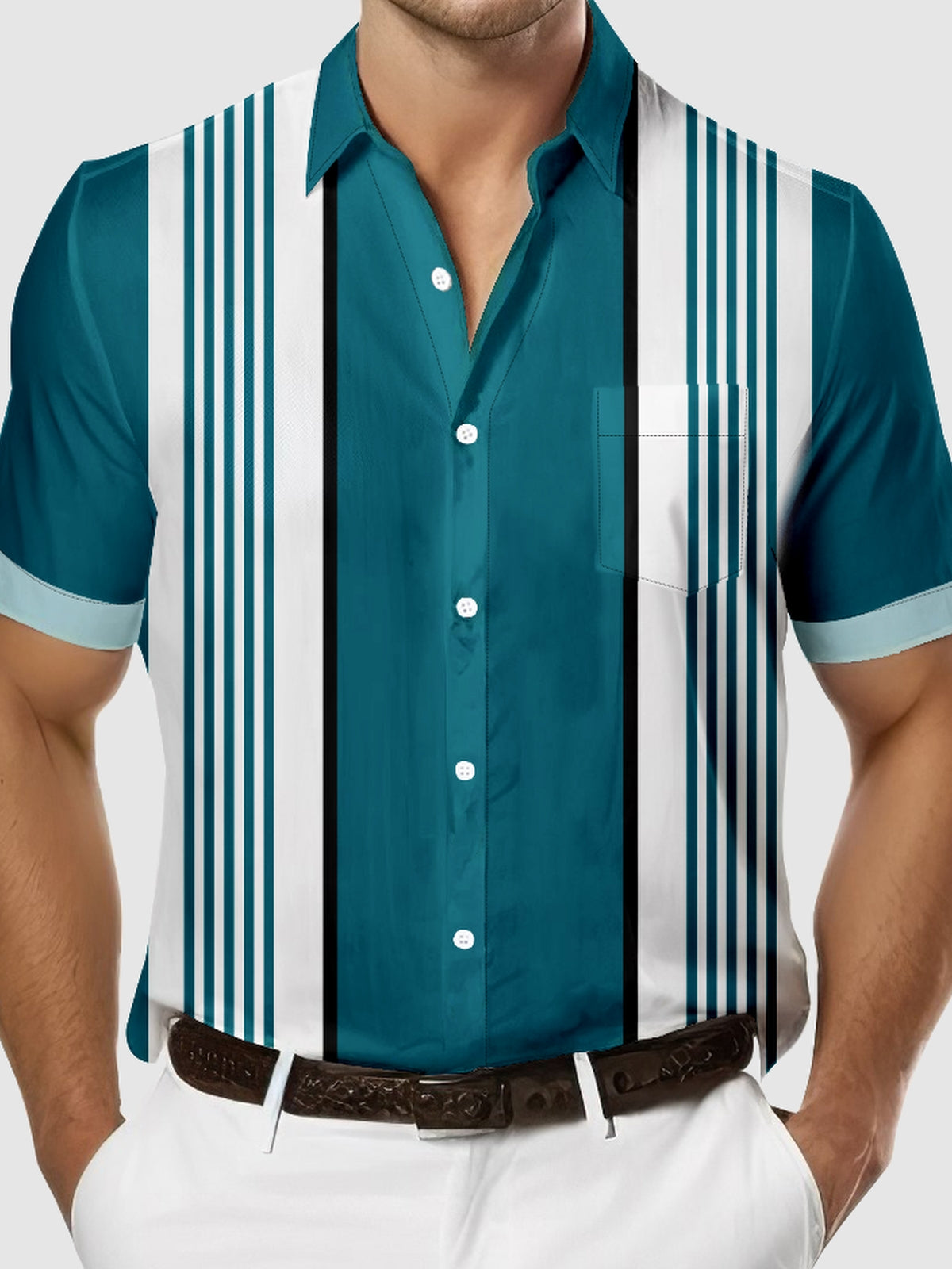 Men's Classic Striped Bowling Short Sleeve Shirt Eleven Oasis