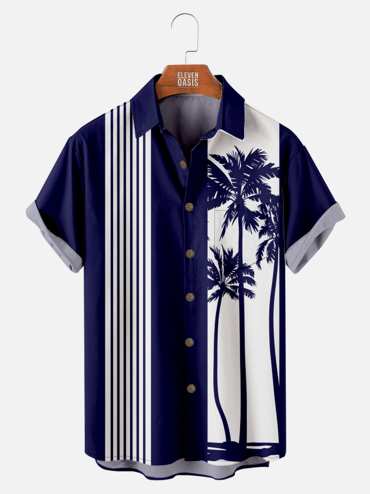 Men's Palm Trees Striped Bowling Short Sleeve Shirt Eleven Oasis