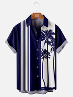 Tall Men's Palm Trees Striped Bowling Short Sleeve Shirt Eleven Oasis