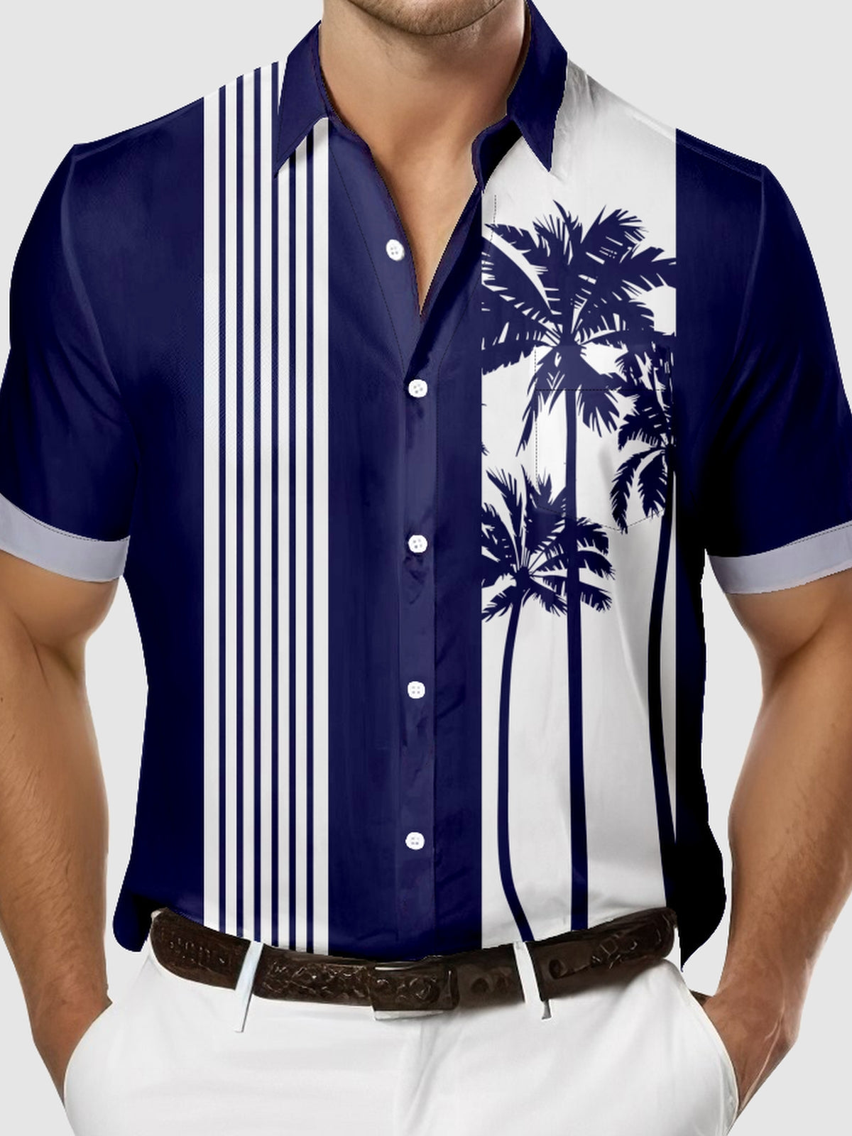 Tall Men's Palm Trees Striped Bowling Short Sleeve Shirt Eleven Oasis