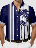 Tall Men's Palm Trees Striped Bowling Short Sleeve Shirt Eleven Oasis